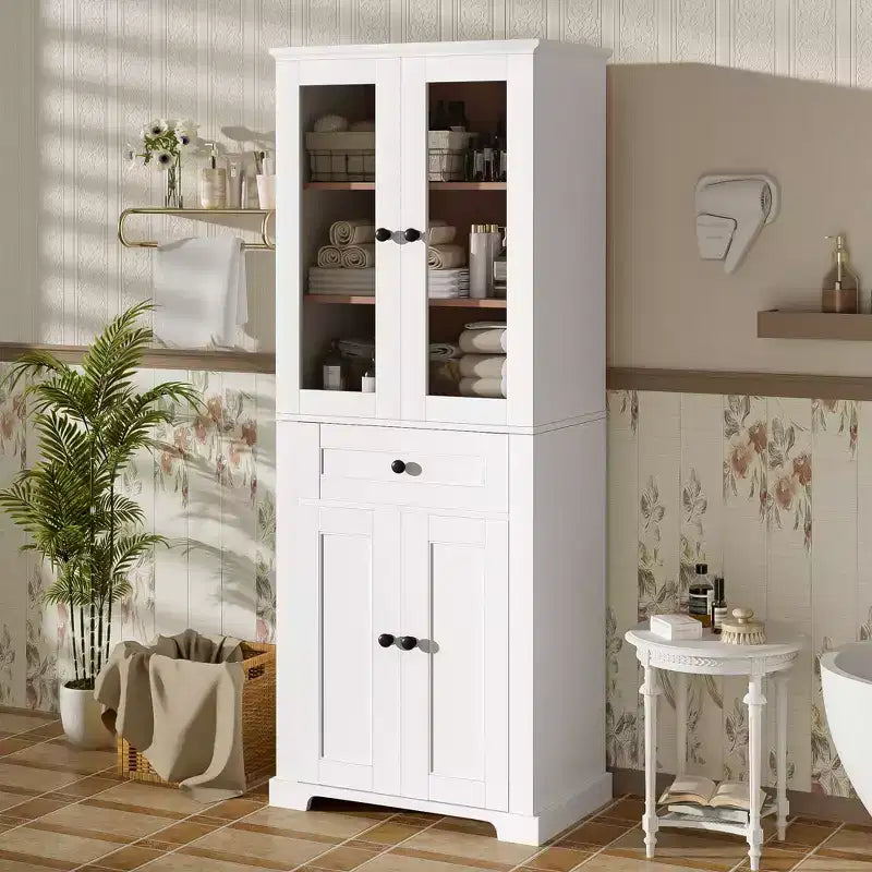 Whisen 67.2 Tall Bathroom Storage Cabinet with Tempered Glass Doors, Adjustable Shelves & Drawer, Soft-Close