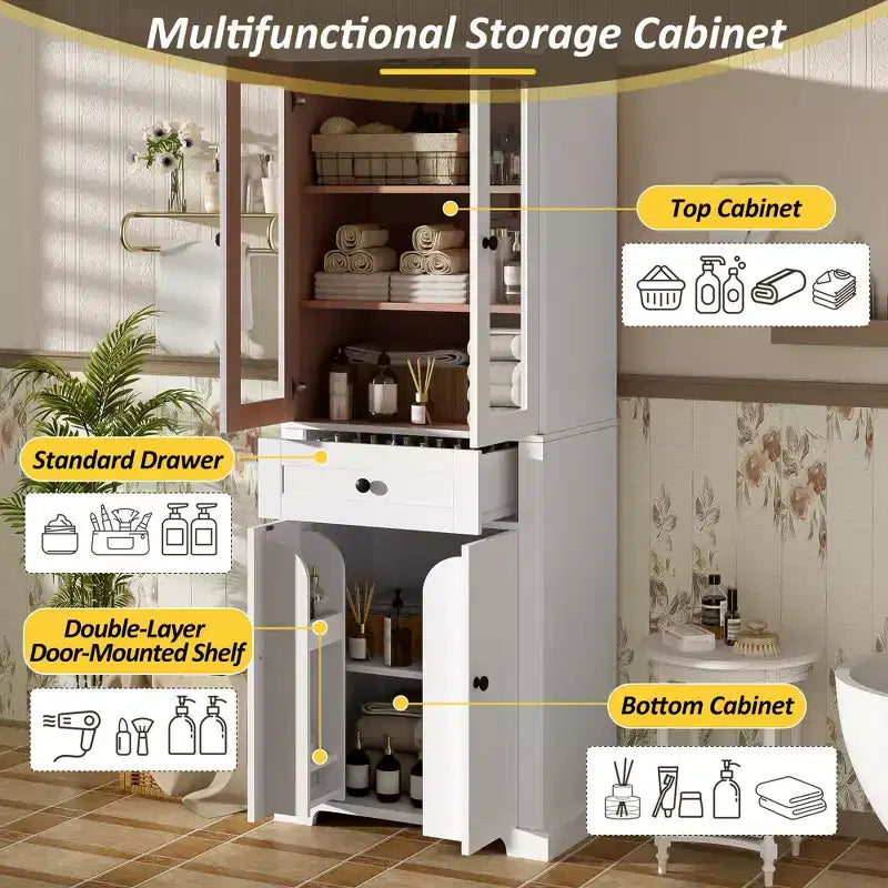 Whisen 67.2 Tall Bathroom Storage Cabinet with Tempered Glass Doors, Adjustable Shelves & Drawer, Soft-Close