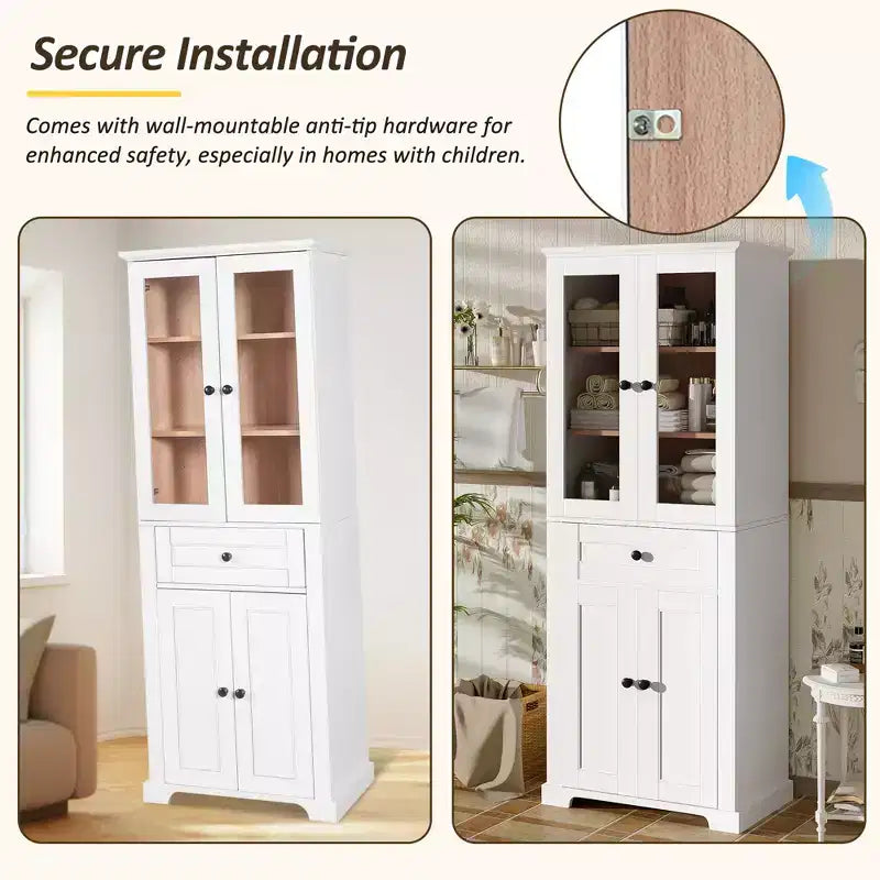Whisen 67.2 Tall Bathroom Storage Cabinet with Tempered Glass Doors, Adjustable Shelves & Drawer, Soft-Close