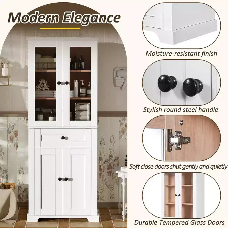 Whisen 67.2 Tall Bathroom Storage Cabinet with Tempered Glass Doors, Adjustable Shelves & Drawer, Soft-Close