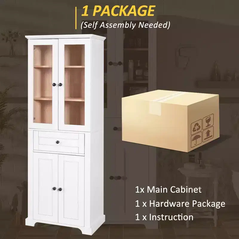 Whisen 67.2 Tall Bathroom Storage Cabinet with Tempered Glass Doors, Adjustable Shelves & Drawer, Soft-Close