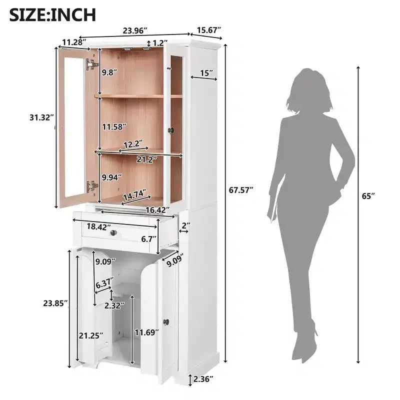 Whisen 67.2 Tall Bathroom Storage Cabinet with Tempered Glass Doors, Adjustable Shelves & Drawer, Soft-Close