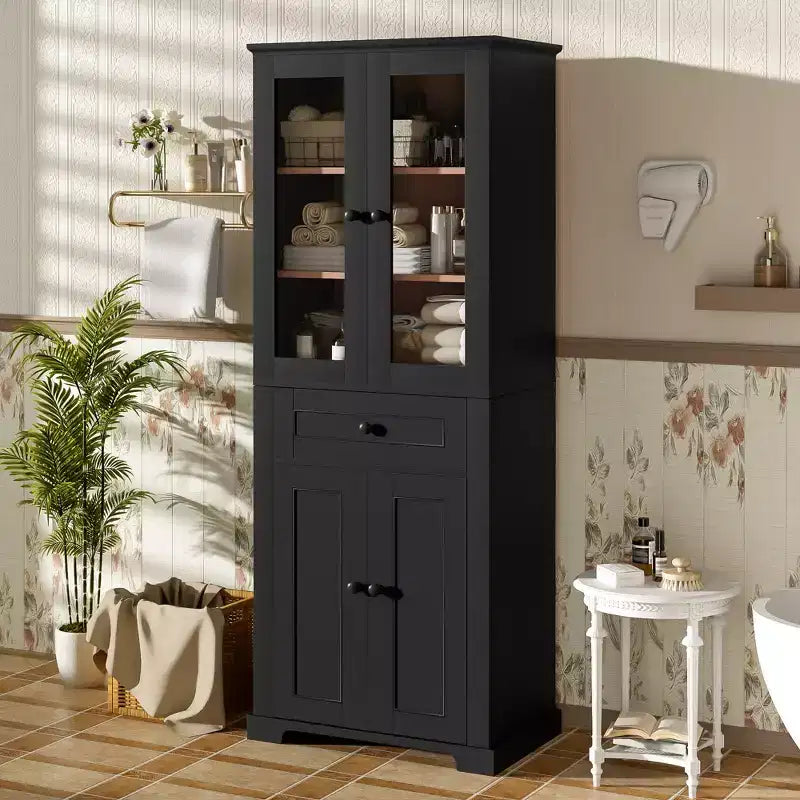 Whisen 67.2 Tall Bathroom Storage Cabinet with Tempered Glass Doors, Adjustable Shelves & Drawer, Soft-Close
