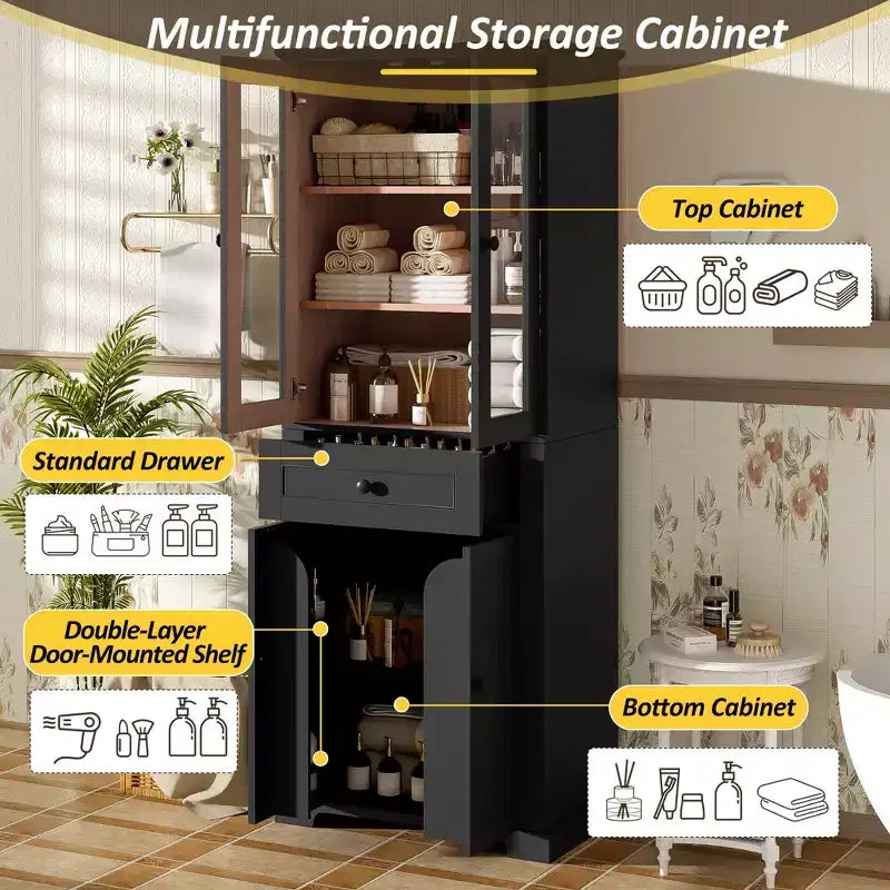Whisen 67.2 Tall Bathroom Storage Cabinet with Tempered Glass Doors, Adjustable Shelves & Drawer, Soft-Close