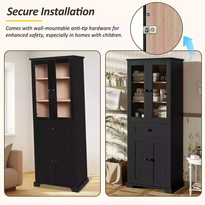 Whisen 67.2 Tall Bathroom Storage Cabinet with Tempered Glass Doors, Adjustable Shelves & Drawer, Soft-Close