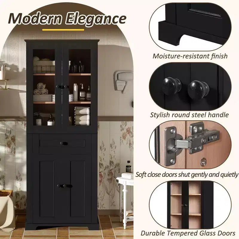 Whisen 67.2 Tall Bathroom Storage Cabinet with Tempered Glass Doors, Adjustable Shelves & Drawer, Soft-Close