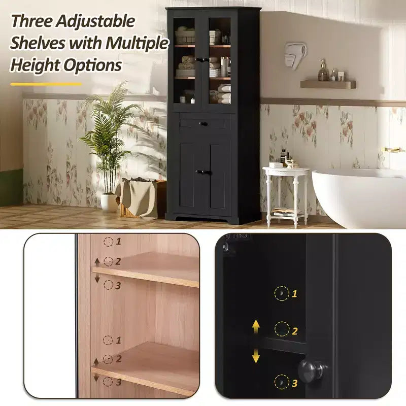 Whisen 67.2 Tall Bathroom Storage Cabinet with Tempered Glass Doors, Adjustable Shelves & Drawer, Soft-Close