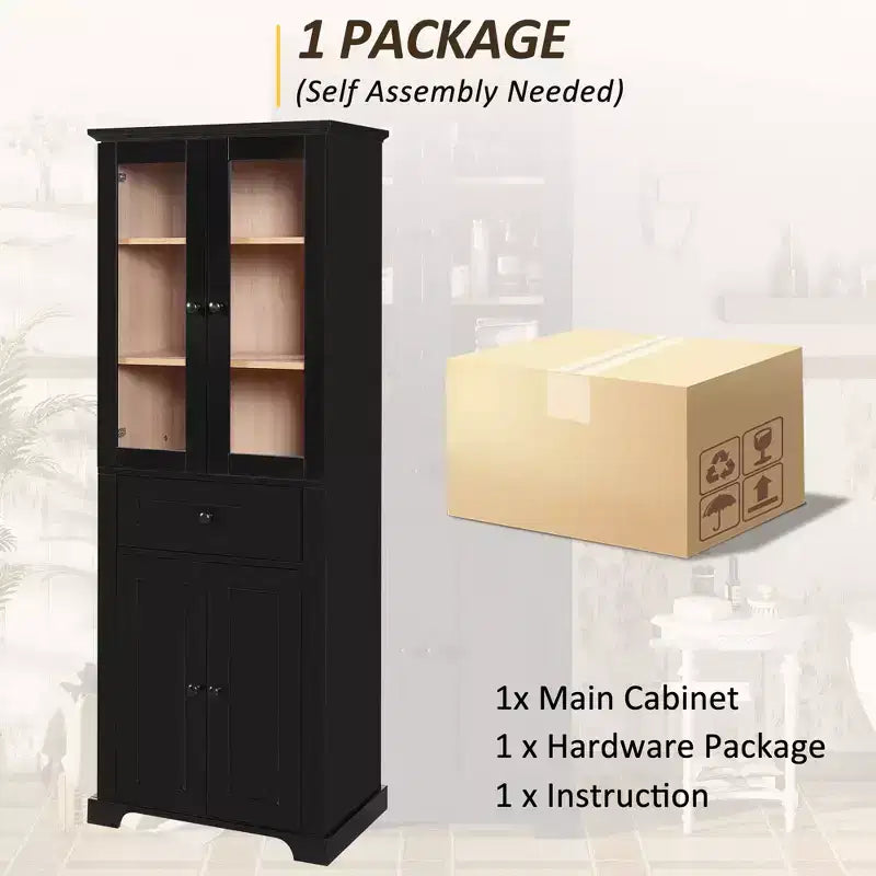 Whisen 67.2 Tall Bathroom Storage Cabinet with Tempered Glass Doors, Adjustable Shelves & Drawer, Soft-Close