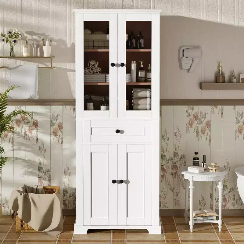Whisen 67.2 Tall Bathroom Storage Cabinet with Tempered Glass Doors, Adjustable Shelves & Drawer, Soft-Close
