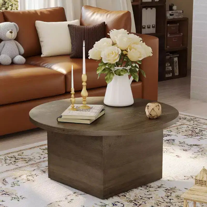 MUUEGM Farmhouse Coffee Table, 35.5 Rustic Wooden Table with Sturdy Frame & Waterproof Top for Living Room