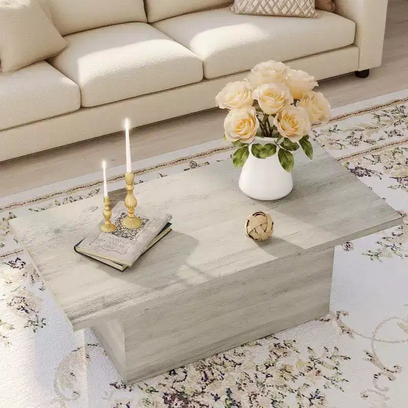 MUUEGM Farmhouse Coffee Table, 35.5 Rustic Wooden Table with Sturdy Frame & Waterproof Top for Living Room