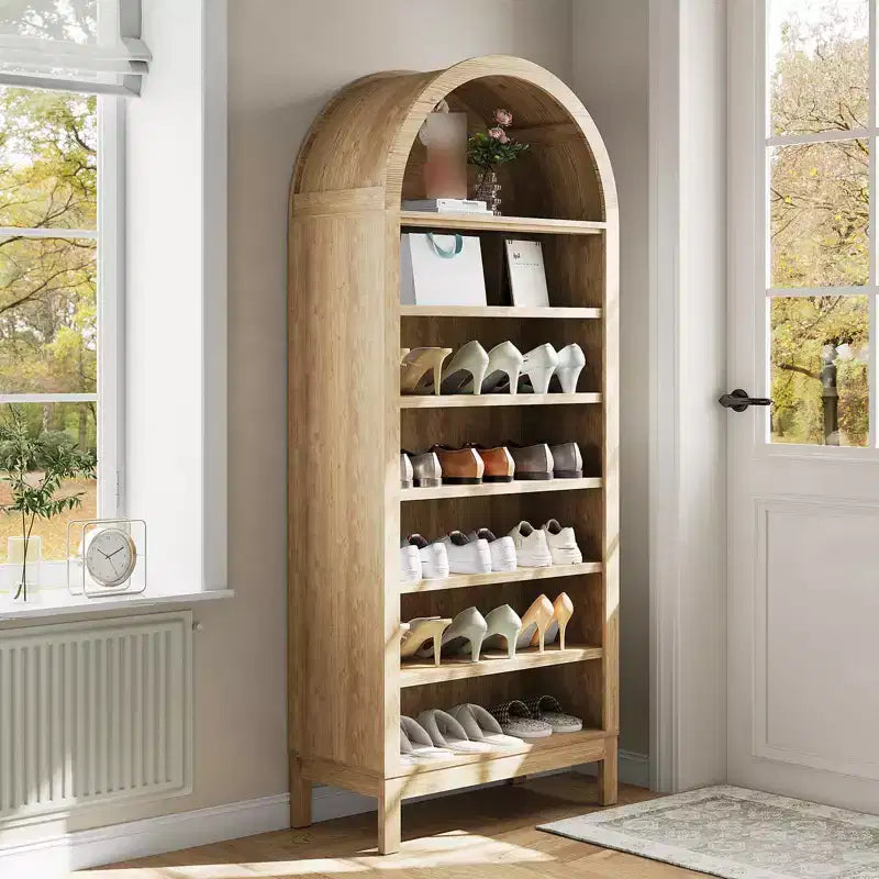 Fulvari 71 Arched Kitchen Pantry Cabinet, 7 Tier Freestanding Bookcase with Adjustable Shelves, Wooden Open Storage Book Shelf