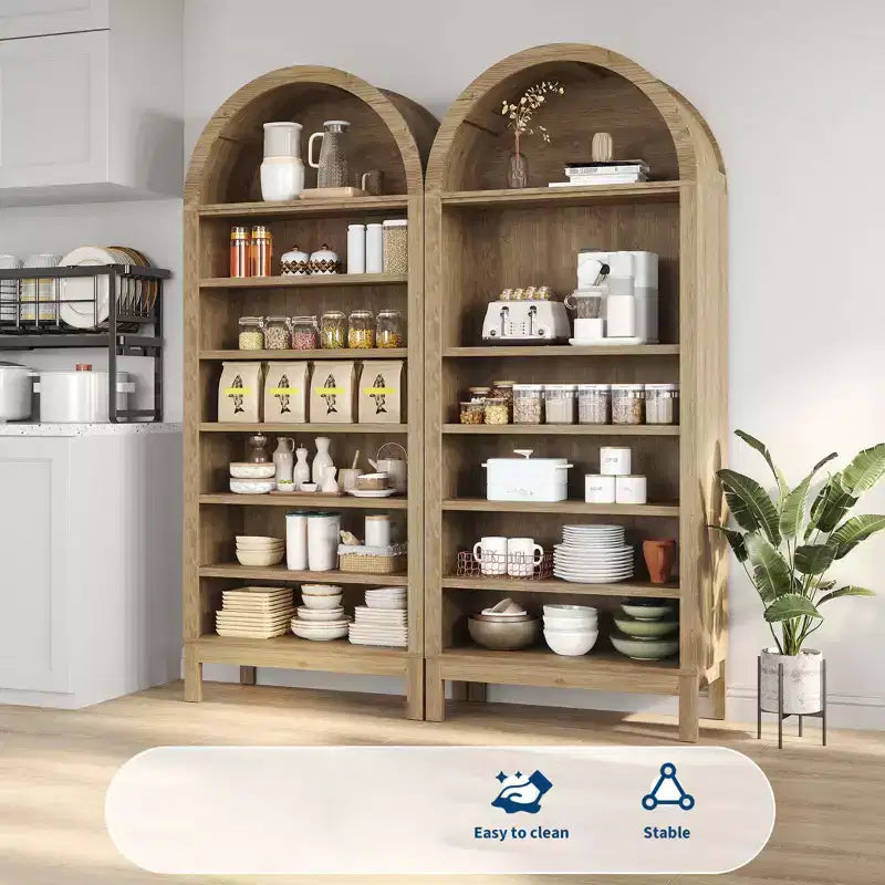 Fulvari 71 Arched Kitchen Pantry Cabinet, 7 Tier Freestanding Bookcase with Adjustable Shelves, Wooden Open Storage Book Shelf