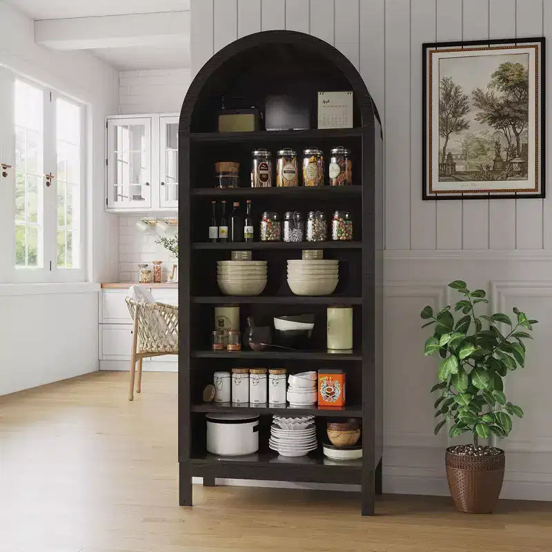 Fulvari 71 Arched Kitchen Pantry Cabinet, 7 Tier Freestanding Bookcase with Adjustable Shelves, Wooden Open Storage Book Shelf