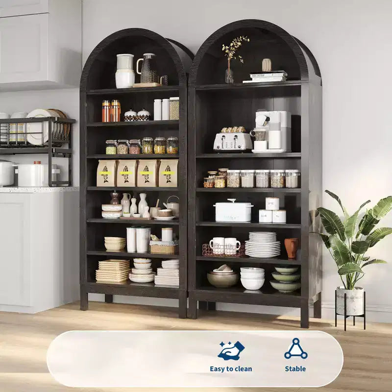 Fulvari 71 Arched Kitchen Pantry Cabinet, 7 Tier Freestanding Bookcase with Adjustable Shelves, Wooden Open Storage Book Shelf