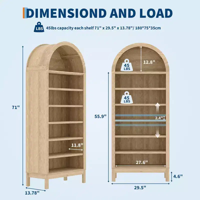 Fulvari 71 Arched Kitchen Pantry Cabinet, 7 Tier Freestanding Bookcase with Adjustable Shelves, Wooden Open Storage Book Shelf