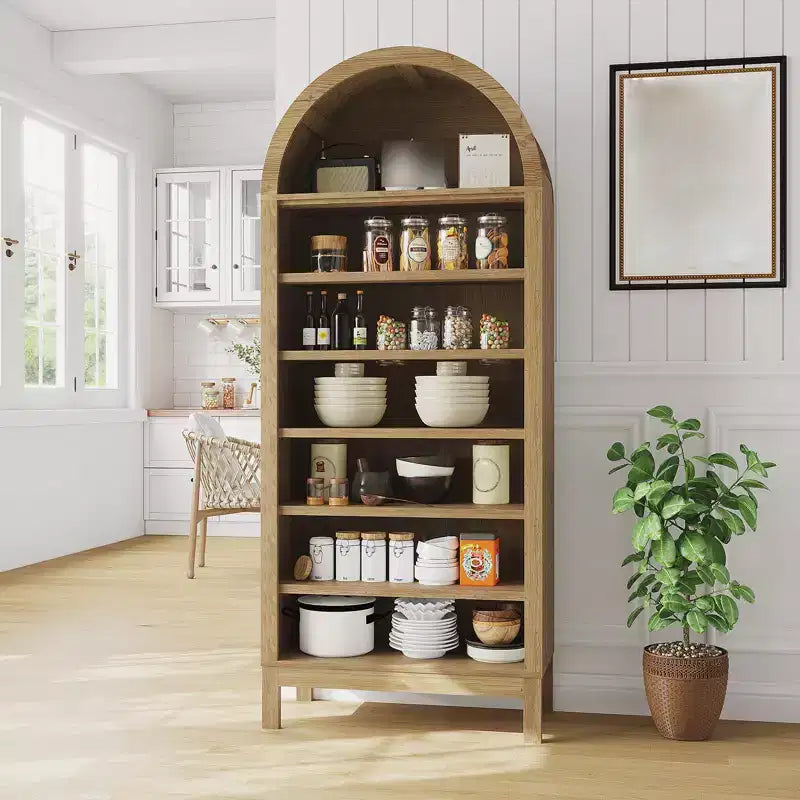 Fulvari 71 Arched Kitchen Pantry Cabinet, 7 Tier Freestanding Bookcase with Adjustable Shelves, Wooden Open Storage Book Shelf