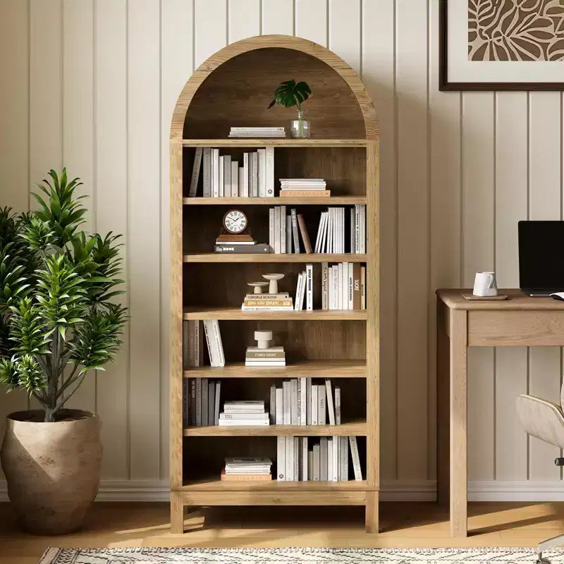 Fulvari 71 Arched Kitchen Pantry Cabinet, 7 Tier Freestanding Bookcase with Adjustable Shelves, Wooden Open Storage Book Shelf