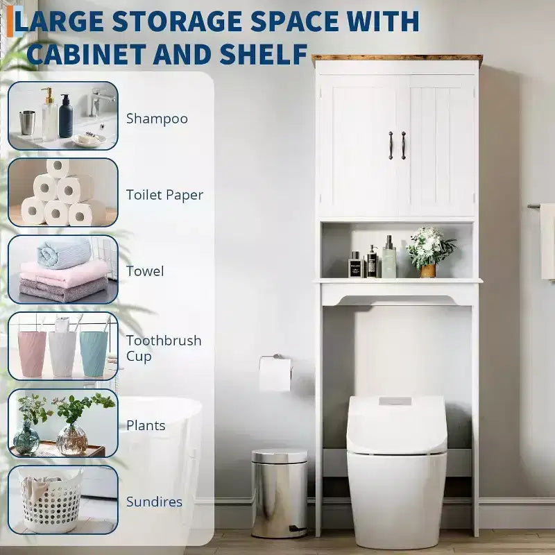 Acekool 23.6 x 8.5 x 66.3 Inch Over-the-Toilet Storage Cabinet, Bathroom Organizer with Double Doors, Adjustable Shelf & Open Shelf, Engineered Wood