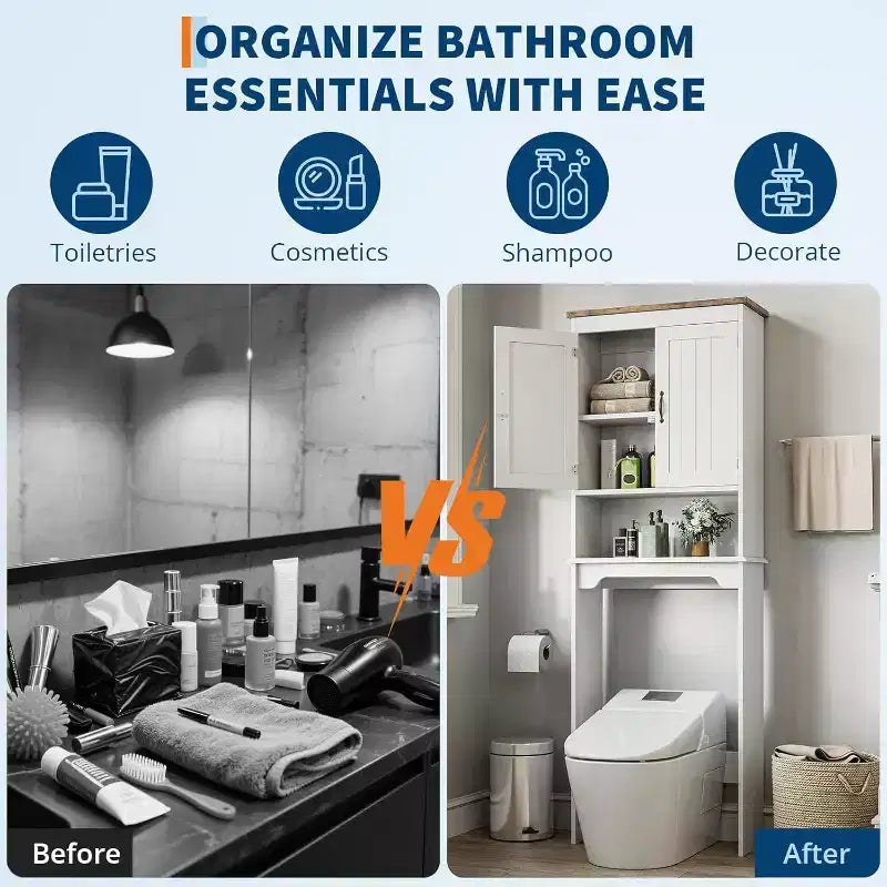 Acekool 23.6 x 8.5 x 66.3 Inch Over-the-Toilet Storage Cabinet, Bathroom Organizer with Double Doors, Adjustable Shelf & Open Shelf, Engineered Wood