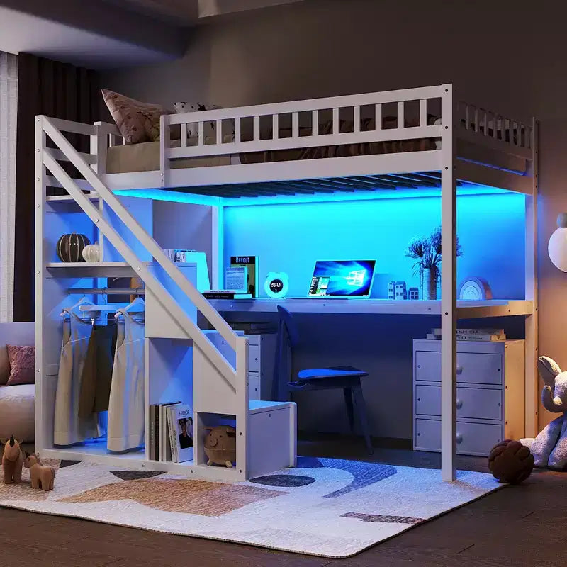 Twin/Full Loft Bed with Desk, LED Light Strip & Two Chest of Drawers - ModernLuxe