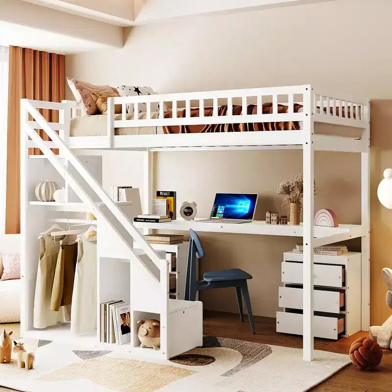 Twin/Full Loft Bed with Desk, LED Light Strip & Two Chest of Drawers - ModernLuxe