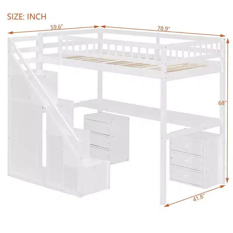 Twin/Full Loft Bed with Desk, LED Light Strip & Two Chest of Drawers - ModernLuxe