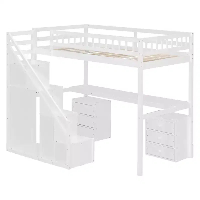 Twin/Full Loft Bed with Desk, LED Light Strip & Two Chest of Drawers - ModernLuxe