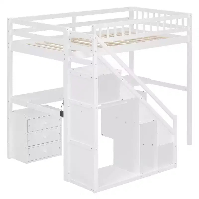 Twin/Full Loft Bed with Desk, LED Light Strip & Two Chest of Drawers - ModernLuxe
