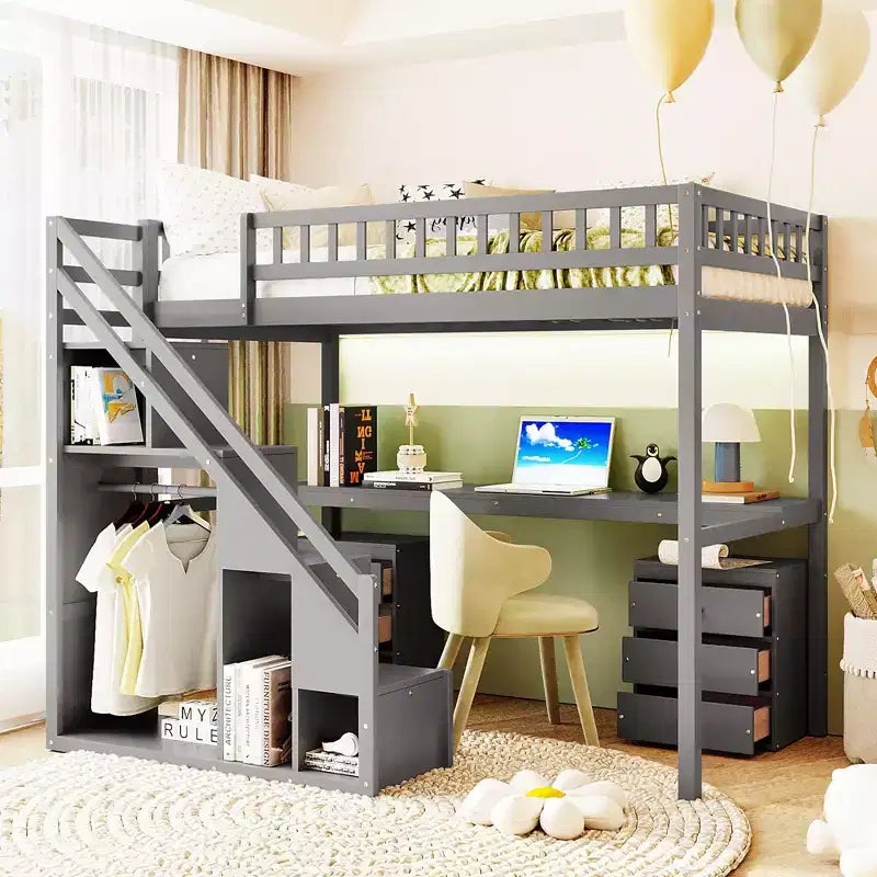 Twin/Full Loft Bed with Desk, LED Light Strip & Two Chest of Drawers - ModernLuxe