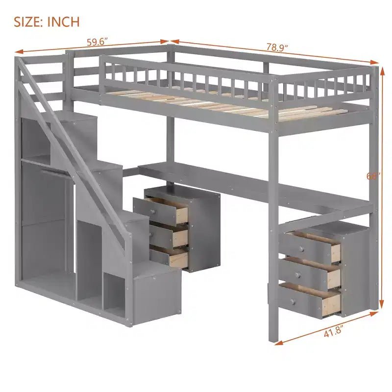 Twin/Full Loft Bed with Desk, LED Light Strip & Two Chest of Drawers - ModernLuxe