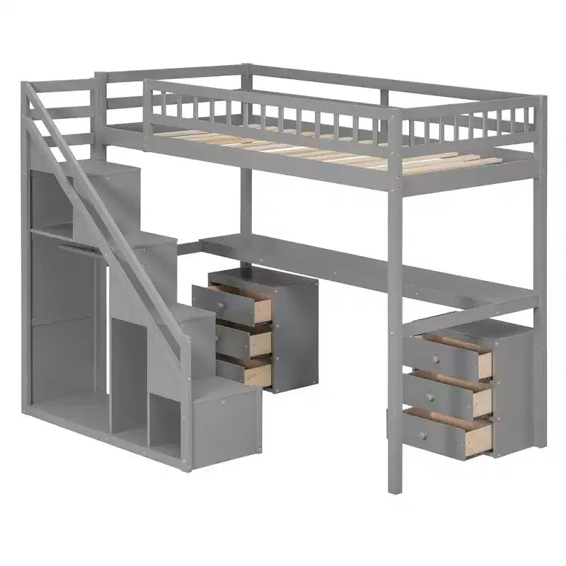 Twin/Full Loft Bed with Desk, LED Light Strip & Two Chest of Drawers - ModernLuxe