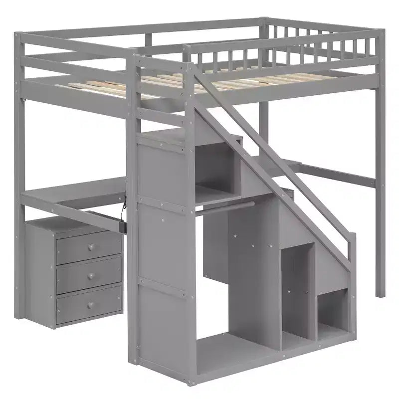 Twin/Full Loft Bed with Desk, LED Light Strip & Two Chest of Drawers - ModernLuxe