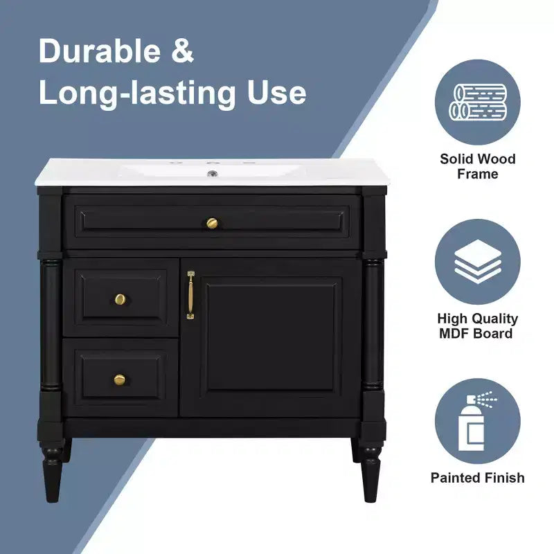 MAYEERTY 24 Bathroom Vanity with Sink Solid Wood MDF 2 Drawers 1 Door Adjustable Shelf Gray