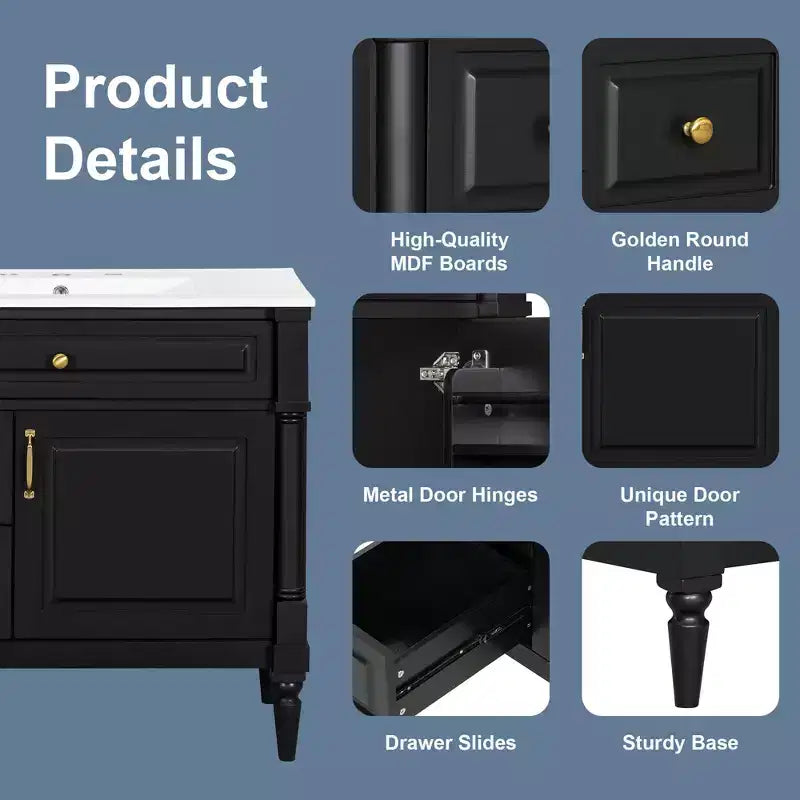MAYEERTY 24 Bathroom Vanity with Sink Solid Wood MDF 2 Drawers 1 Door Adjustable Shelf Gray