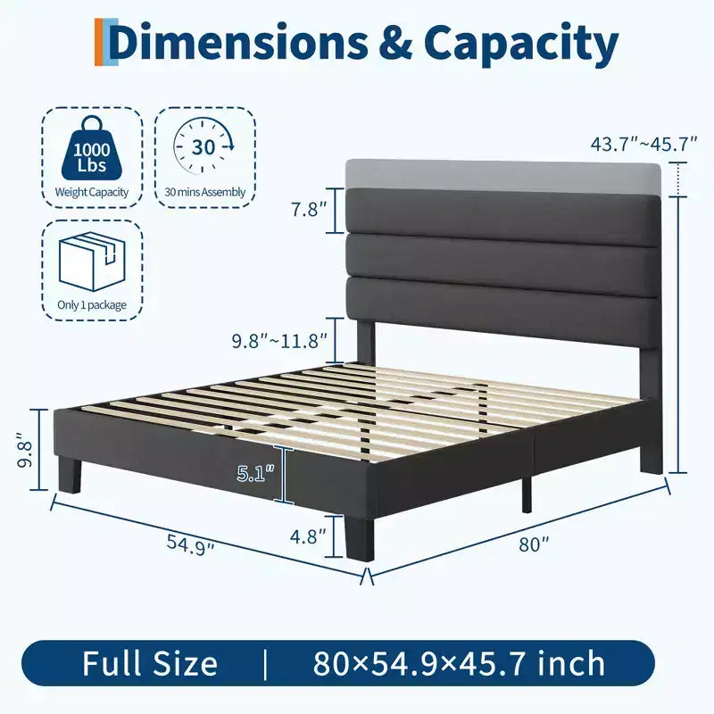 COZONY Linen Upholstered Platform Bed Frame with Adjustable Headboard, Wooden Slats Support, Noise-Free & Easy Assembly for Bedroom, Apartment