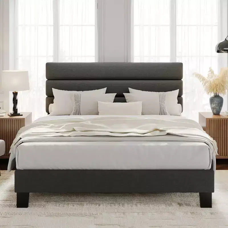 COZONY Linen Upholstered Platform Bed Frame with Adjustable Headboard, Wooden Slats Support, Noise-Free & Easy Assembly for Bedroom, Apartment