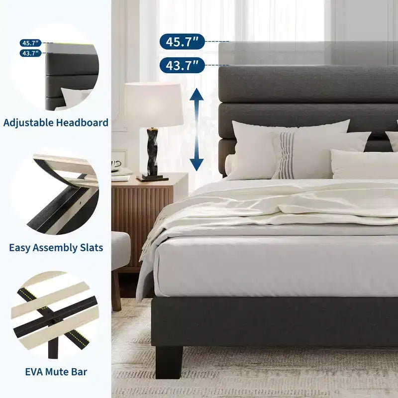 COZONY Linen Upholstered Platform Bed Frame with Adjustable Headboard, Wooden Slats Support, Noise-Free & Easy Assembly for Bedroom, Apartment