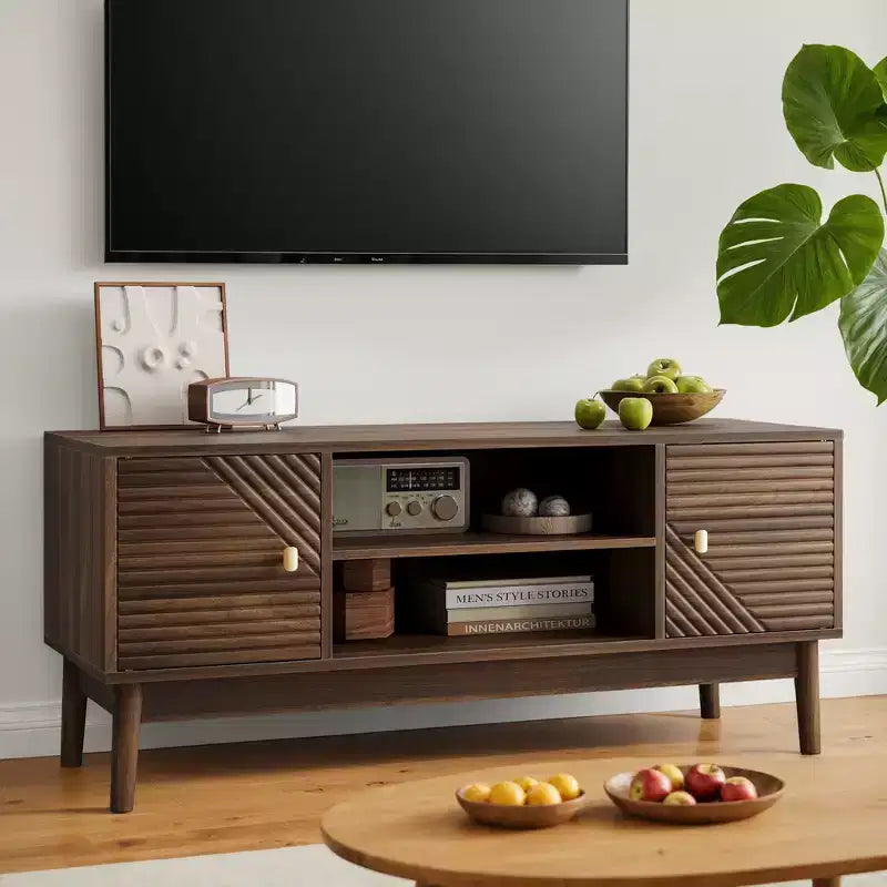 CLIHOME 43.31 inch Mid-Century Modern TV Stand for 32/45 inch TV, Entertainment Center with Storage, Media Console Table, Walnut