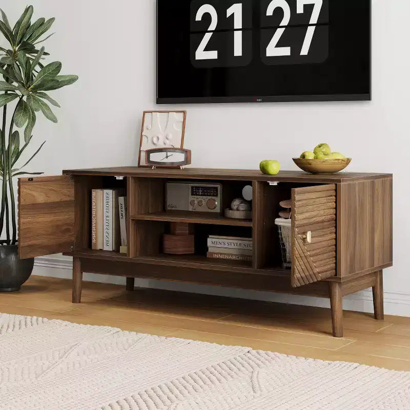 CLIHOME 43.31 inch Mid-Century Modern TV Stand for 32/45 inch TV, Entertainment Center with Storage, Media Console Table, Walnut