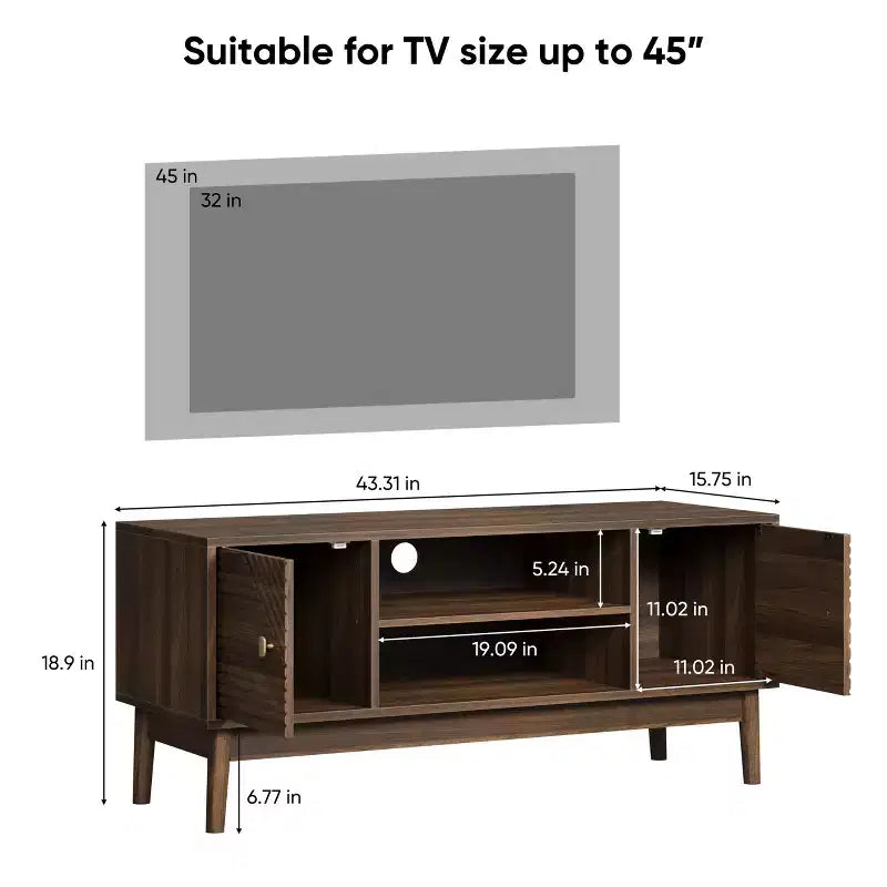 CLIHOME 43.31 inch Mid-Century Modern TV Stand for 32/45 inch TV, Entertainment Center with Storage, Media Console Table, Walnut