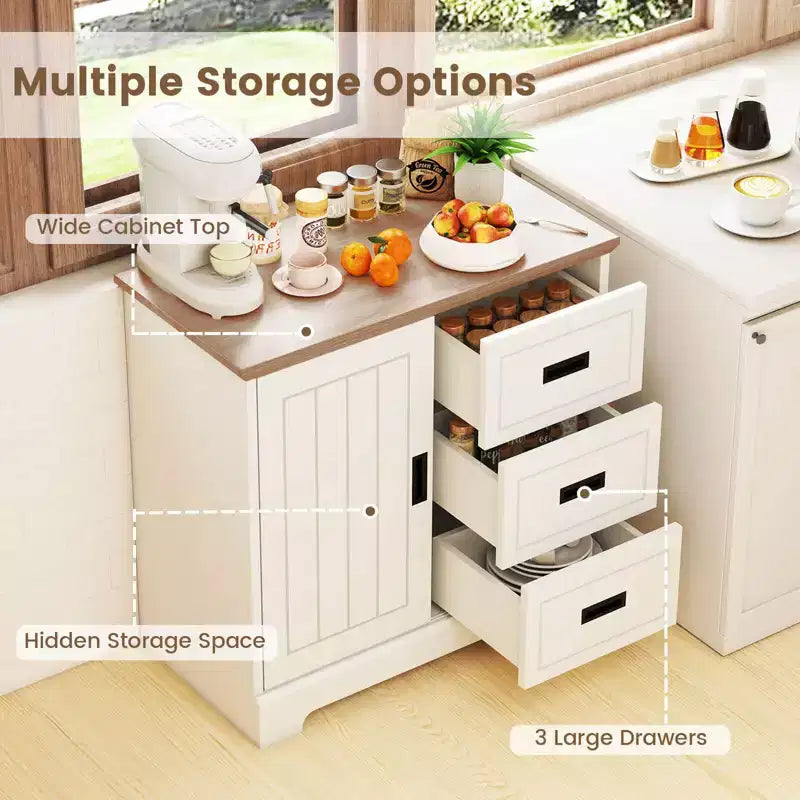 Costway Farmhouse Sideboard Buffet Cabinet with Sliding Doors 3 Drawers Adjustable Shelf