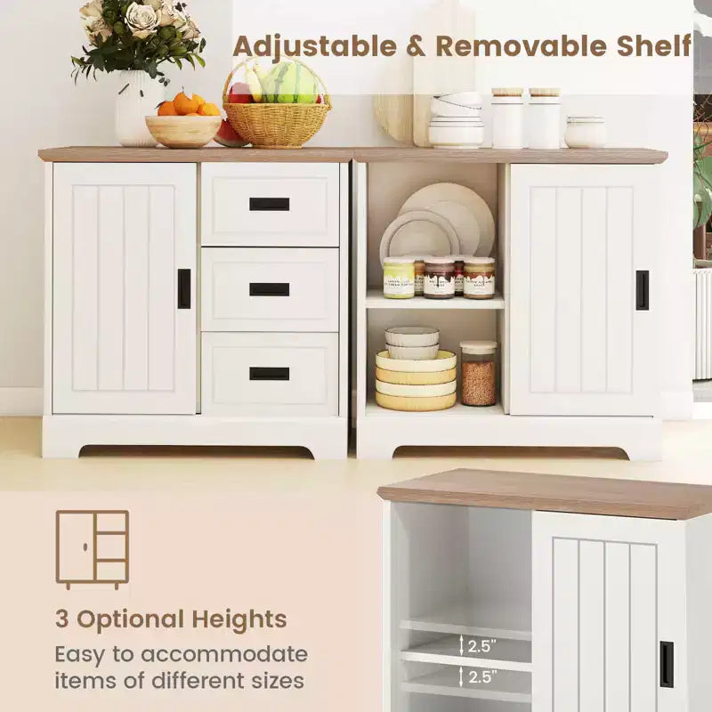Costway Farmhouse Sideboard Buffet Cabinet with Sliding Doors 3 Drawers Adjustable Shelf
