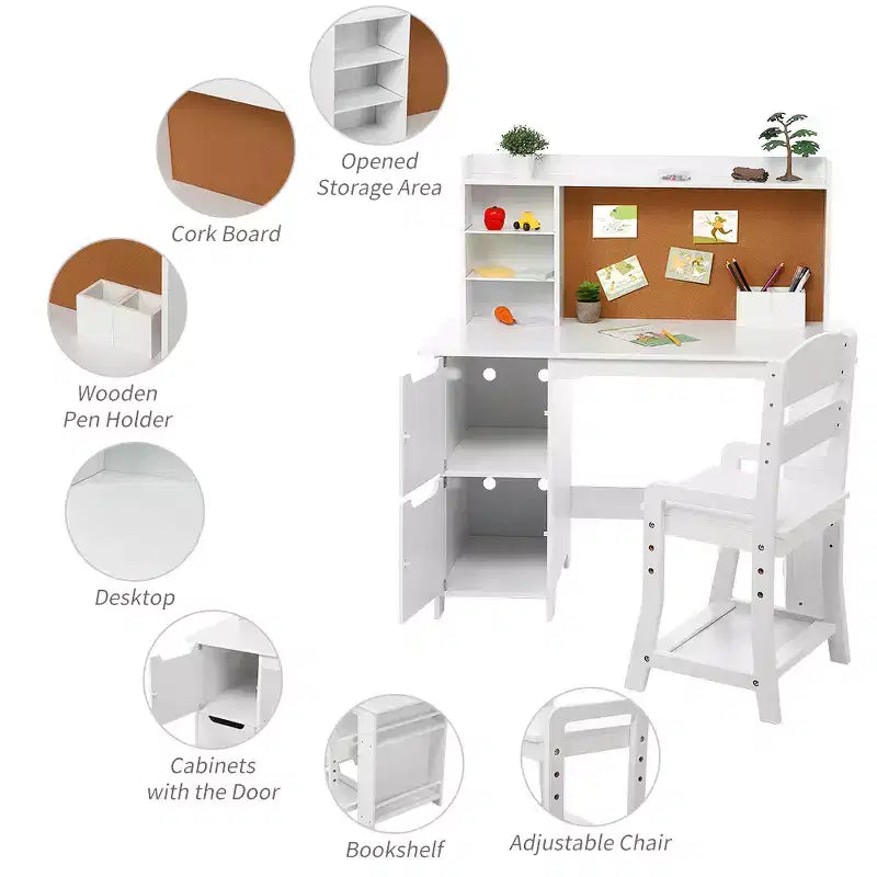 COZONY Kids Vanity Desk with Mirror & Lights, White Princess Makeup Vanity with Chair, Storage Shelves & Drawers, Study Desk Set for Girls & Boys