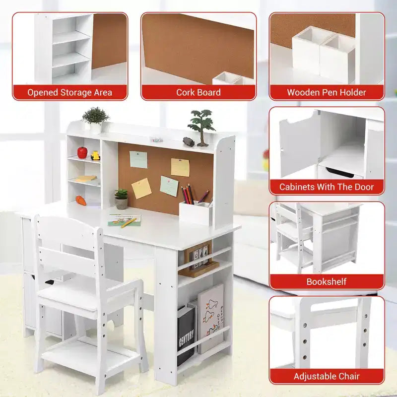 COZONY Kids Vanity Desk with Mirror & Lights, White Princess Makeup Vanity with Chair, Storage Shelves & Drawers, Study Desk Set for Girls & Boys