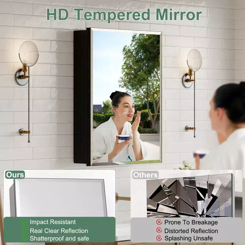 Belle Bathroom Medicine Cabinet with Beveled Mirror, Recessed or Wall Mount, Adjustable Tempered Glass Shelves