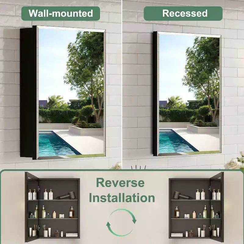 Belle Bathroom Medicine Cabinet with Beveled Mirror, Recessed or Wall Mount, Adjustable Tempered Glass Shelves