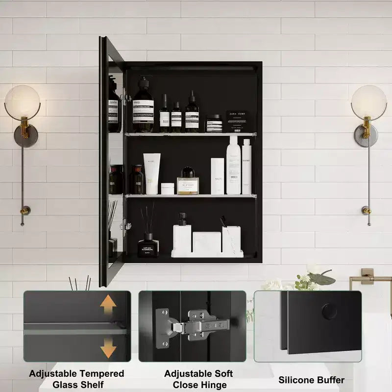 Belle Bathroom Medicine Cabinet with Beveled Mirror, Recessed or Wall Mount, Adjustable Tempered Glass Shelves