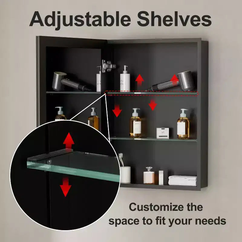 Belle Bathroom Medicine Cabinet with Beveled Mirror, Recessed or Wall Mount, Adjustable Tempered Glass Shelves