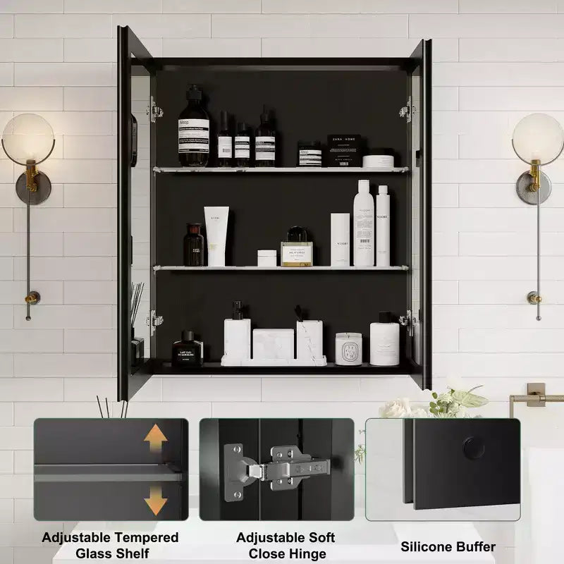 Belle Bathroom Medicine Cabinet with Beveled Mirror, Recessed or Wall Mount, Adjustable Tempered Glass Shelves